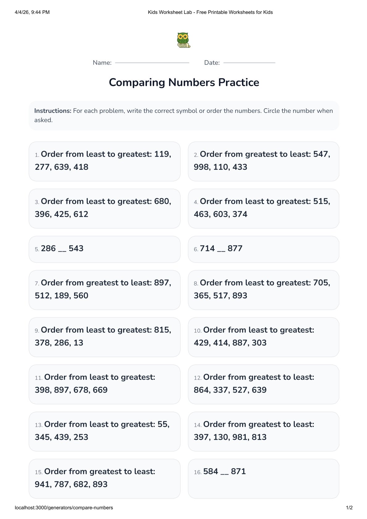 Comparing Numbers Generator