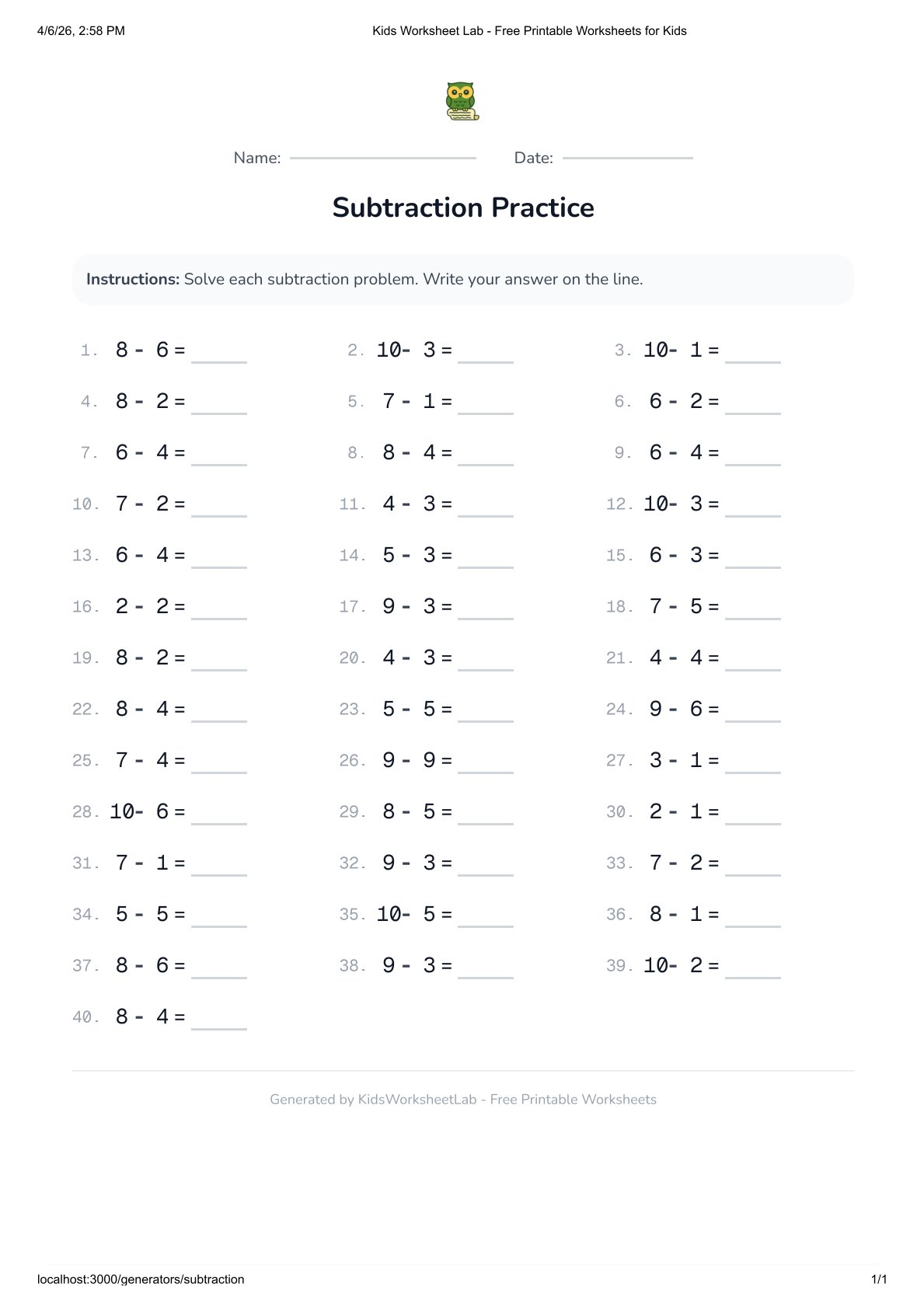 Subtraction Generator