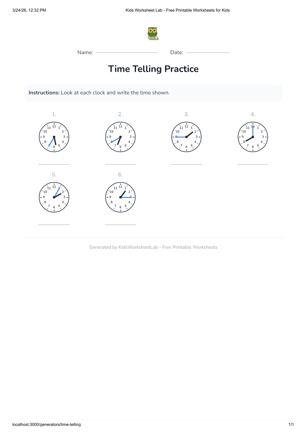 Time Telling – Hour Practice