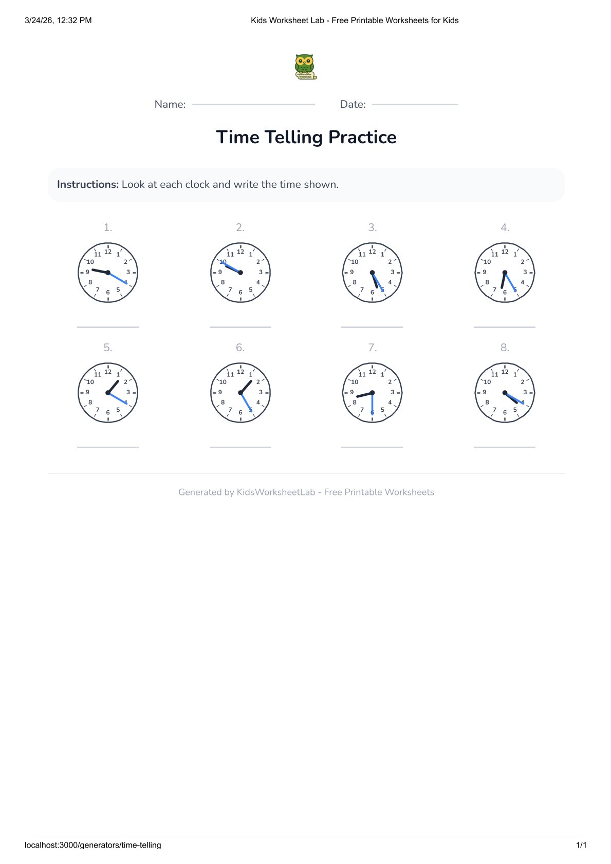 Time Telling – Half Hour Practice