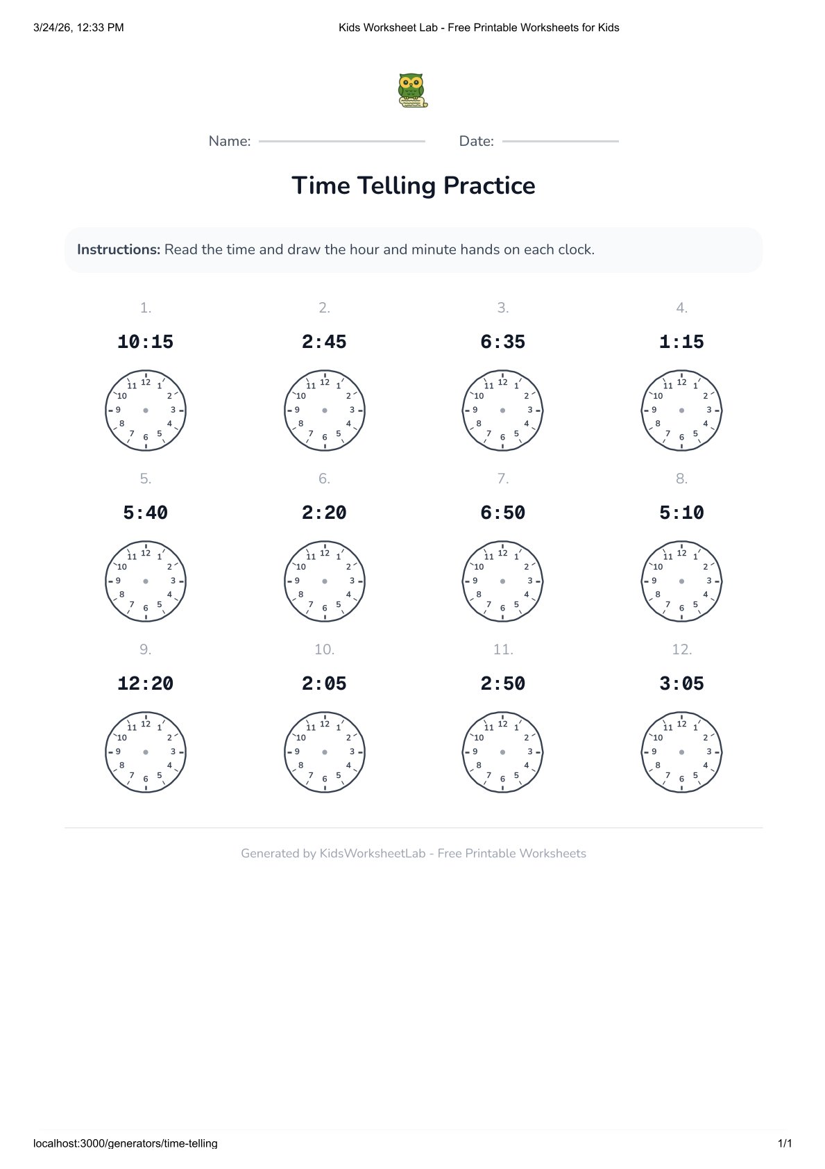 Time Telling – Quarter Hour Practice
